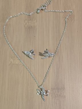 Silver Dragonfly Necklace and Earring Set - Elegant Women Jewelry